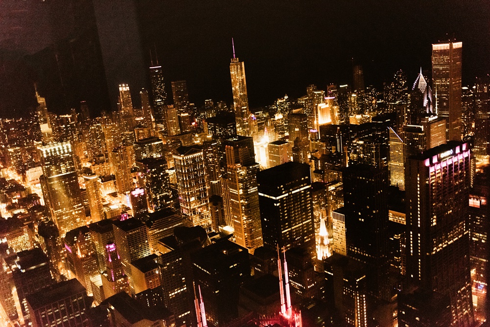 Chicago downtown skyline at night from willis tower.