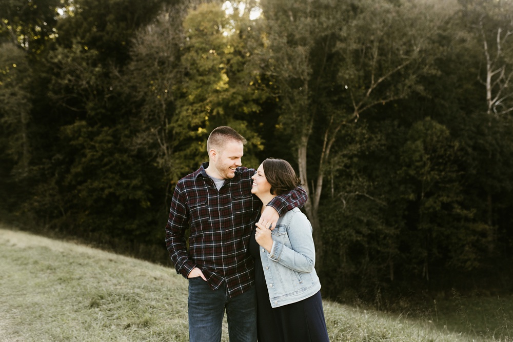couple hugging at brown county engagement session