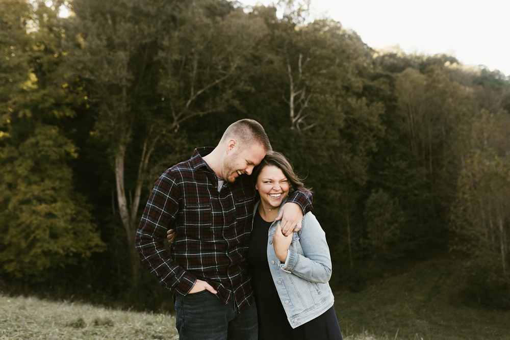 couple laughing at brown county engagement session
