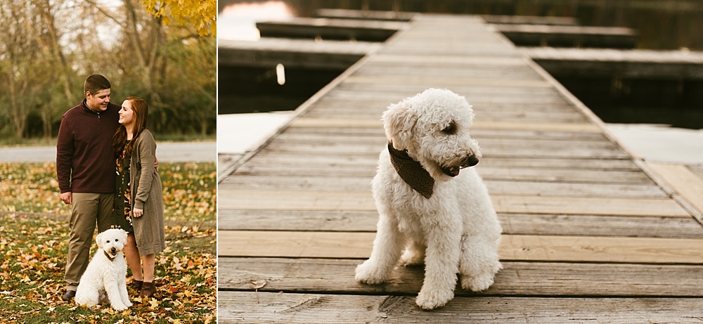 couples dog sitting on pier at chain o'lakes fall engagement session