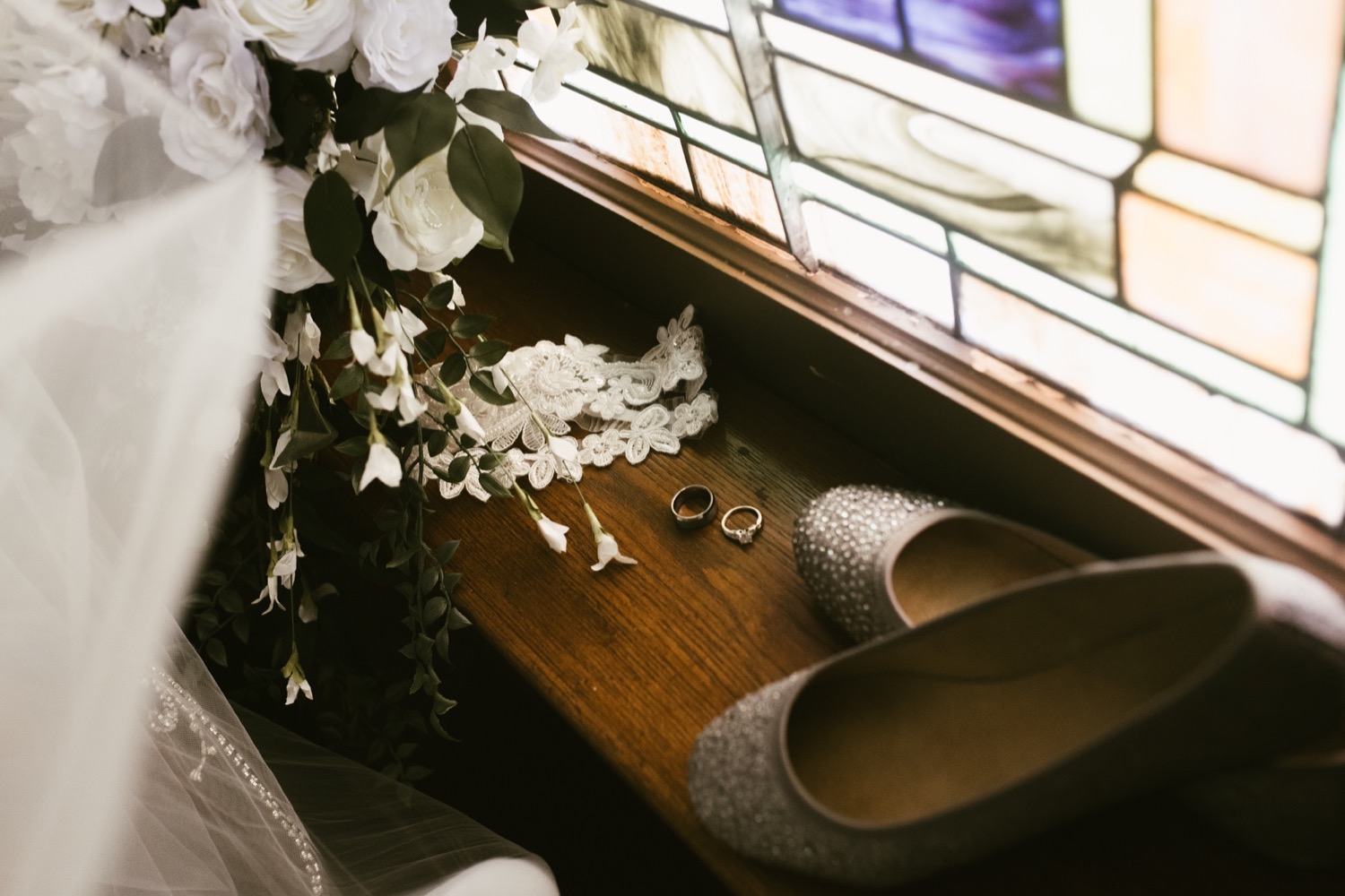 accessories sitting in windowsill at fort wayne winter wedding