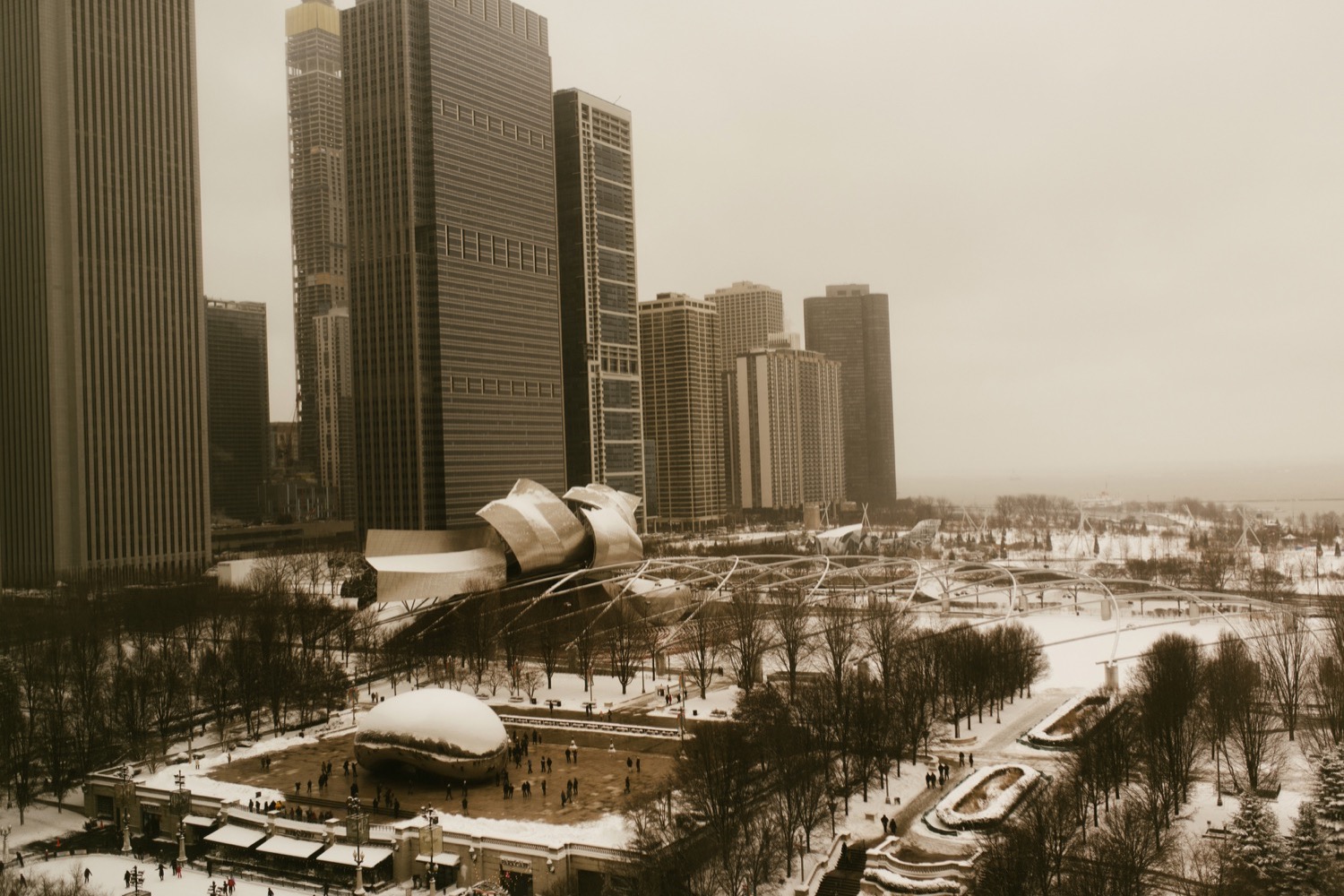 Winter Chicago skywalk snowy view.