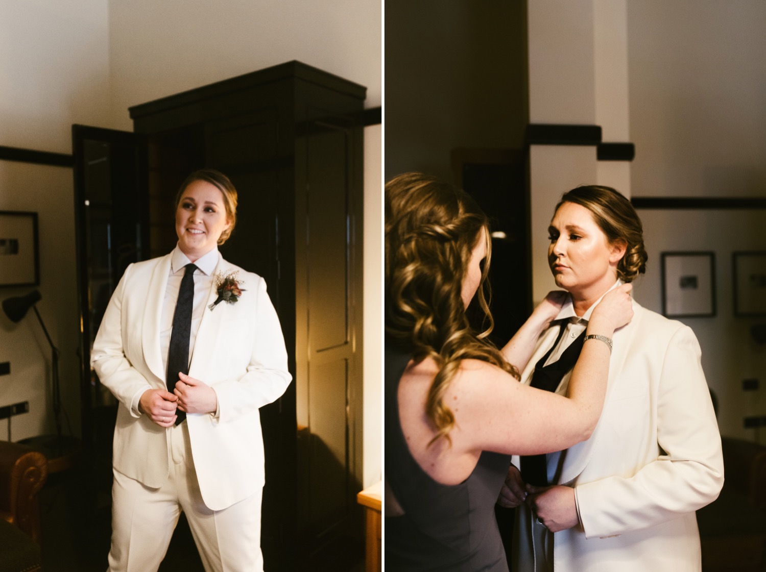 Chicago bride putting her white suit on.