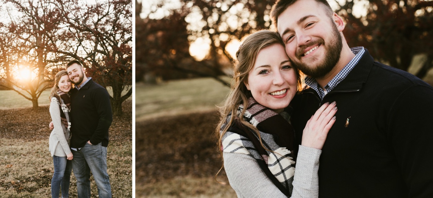 couple smiling at downtown fort wayne engagement session