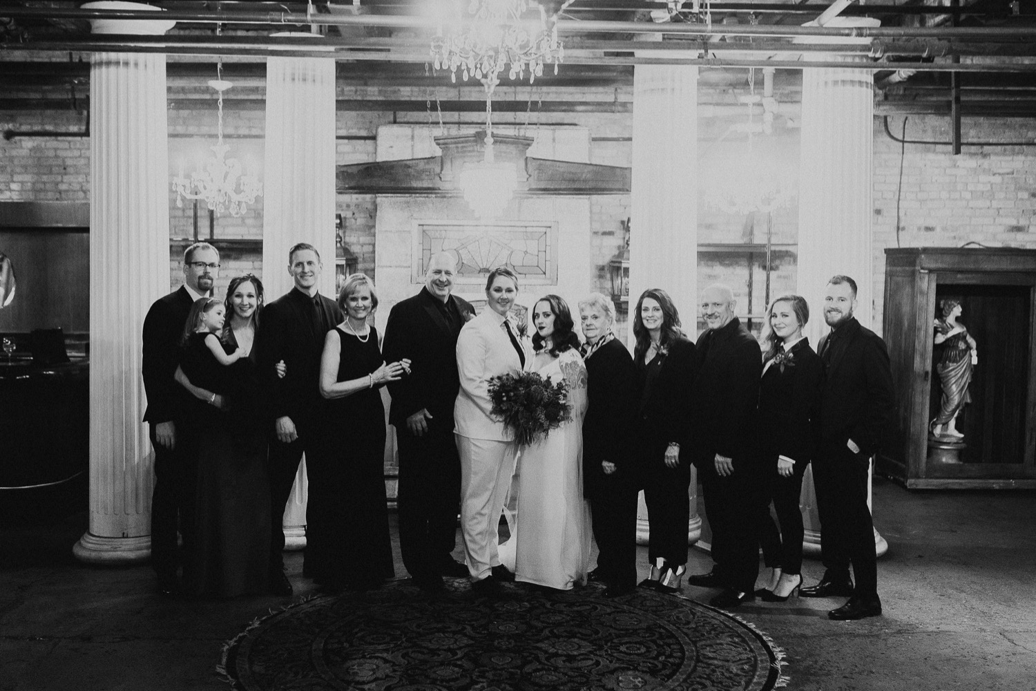 Black and white photo of Chicago wedding couple family photos after ceremony.