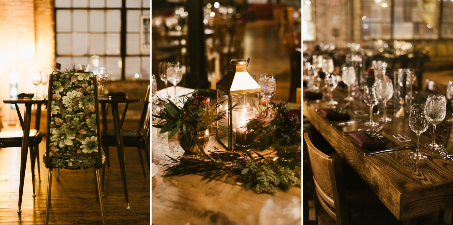 Chicago romantic wedding reception industrial table setting.