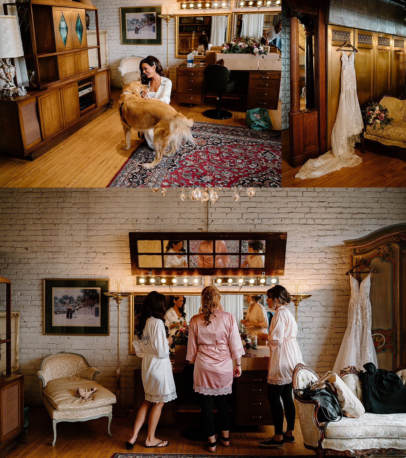 Bride getting ready with her dog in a rustic bridal suite