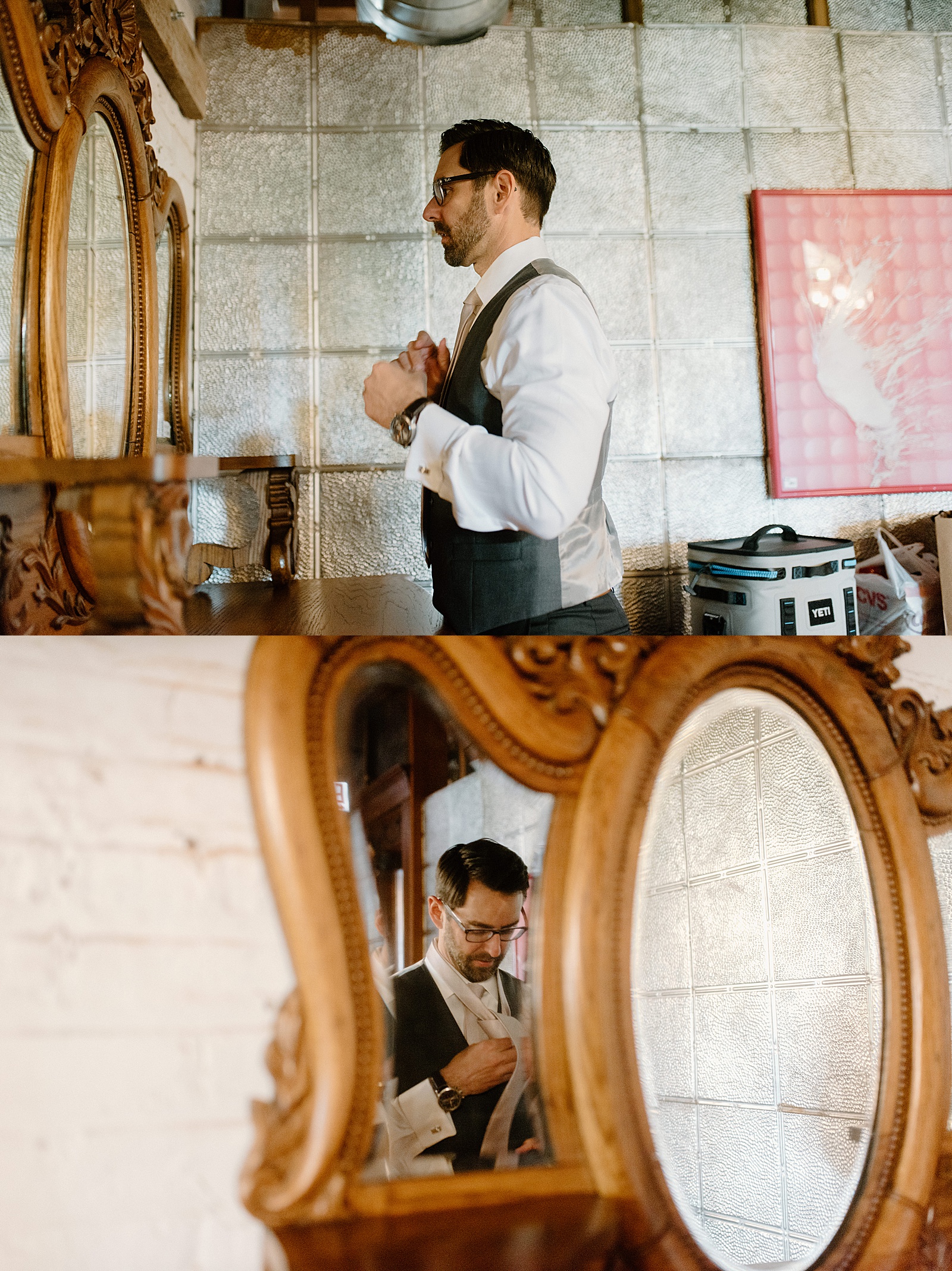 Groom adjusting his tie in a vintage mirror shot by Chicago wedding photographer, Indigo Lace. 