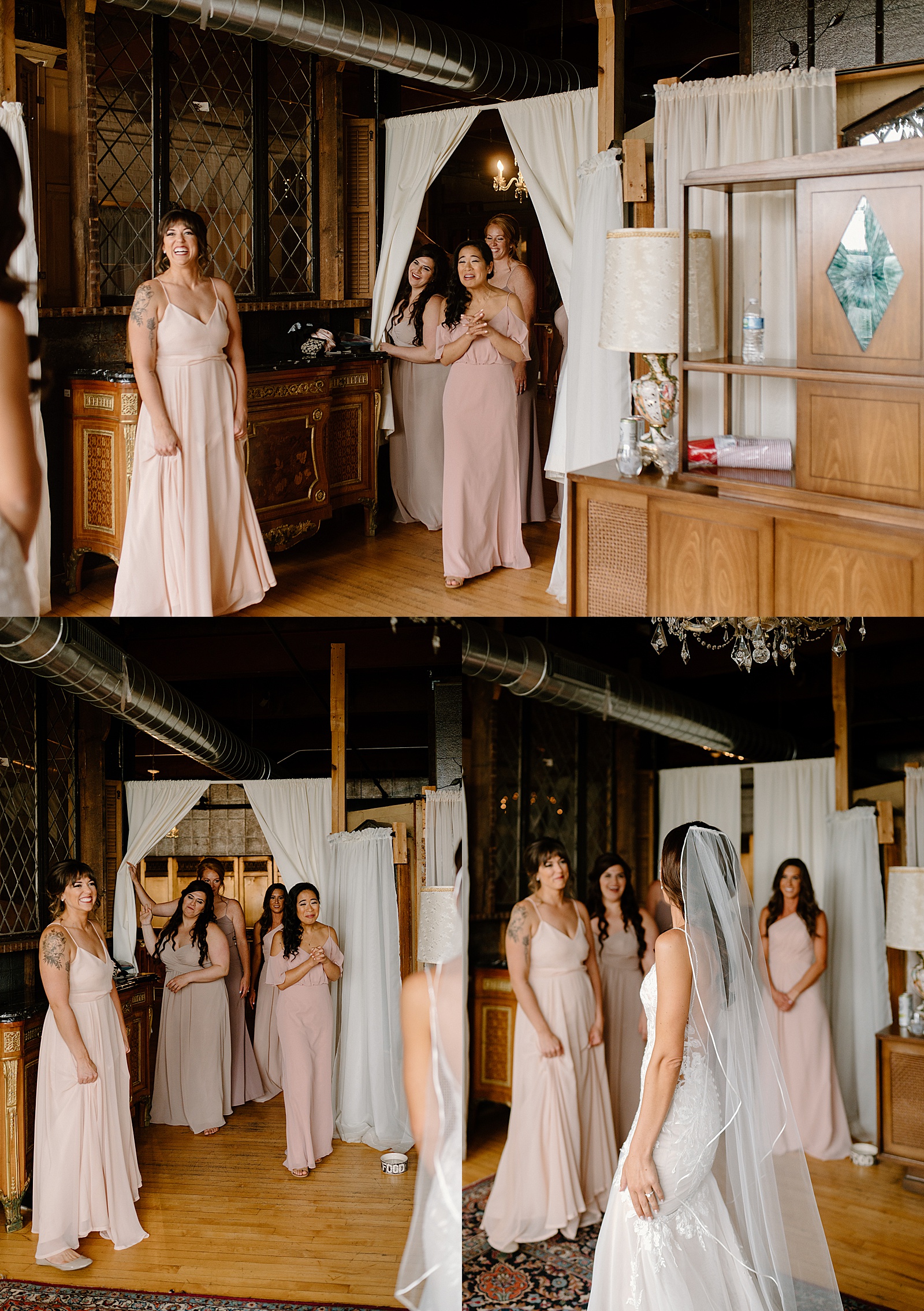 Bridesmaids first reveal in rustic, vintage bridal suite