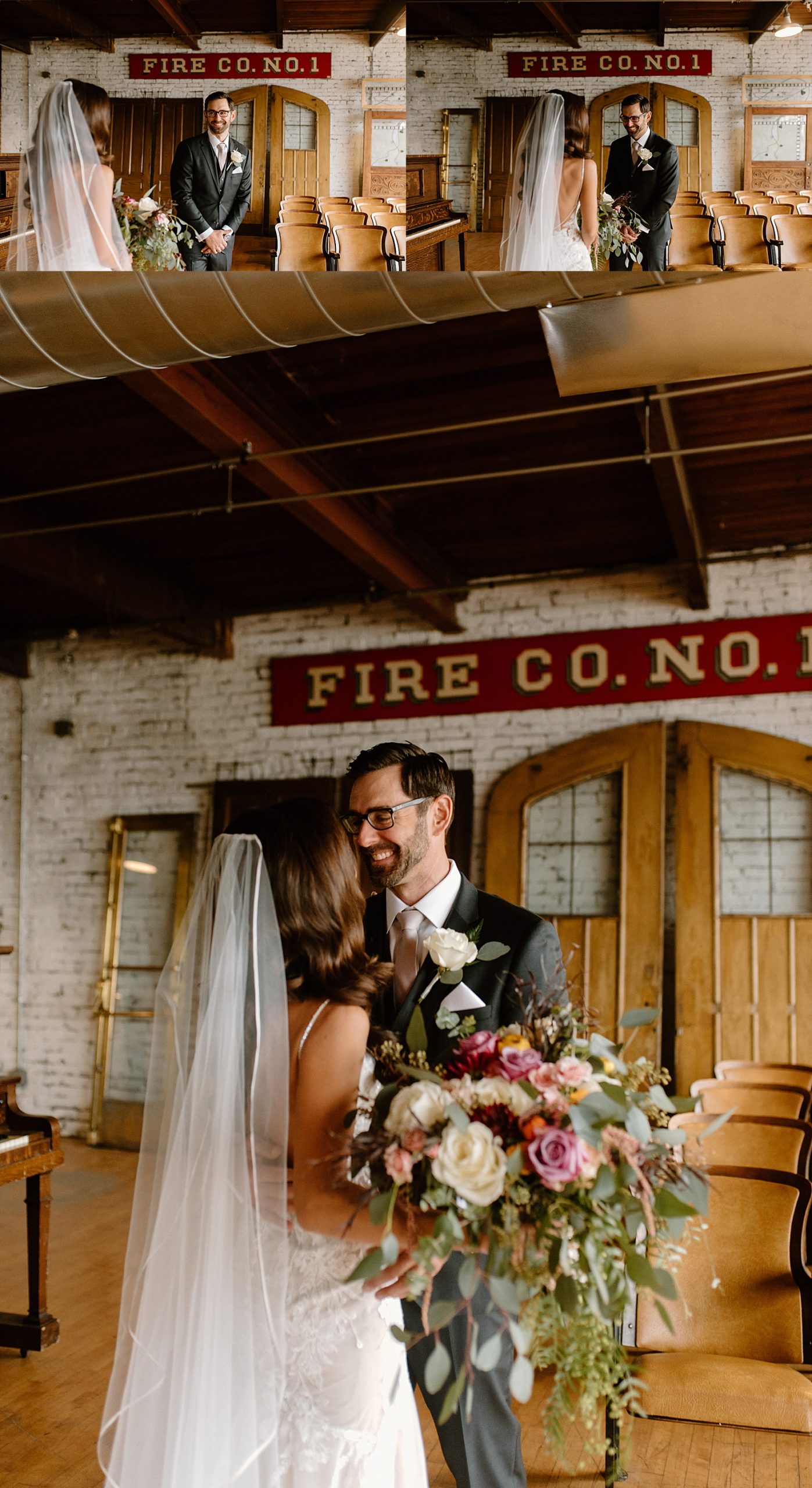 Groom sees bride for the first time in a vintage, eclectic room for Chicago wedding 