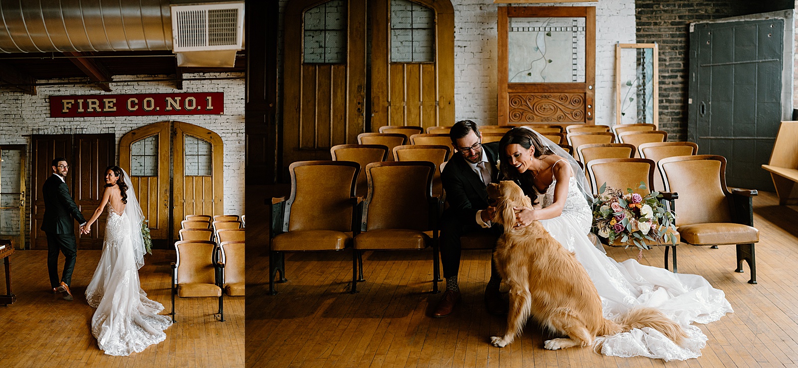 Bride and groom greet their large golden retriever dog before their wedding ceremony at Salvage One