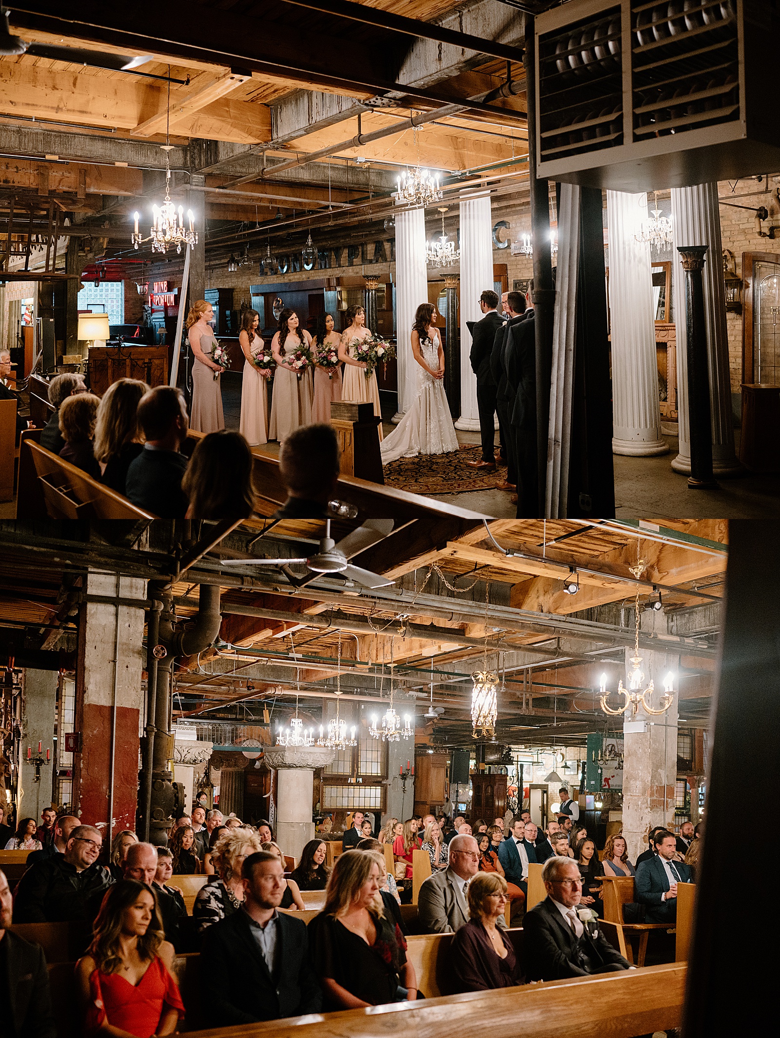 A wedding ceremony in an eclectic, vintage, warehouse venue in Chicago. 