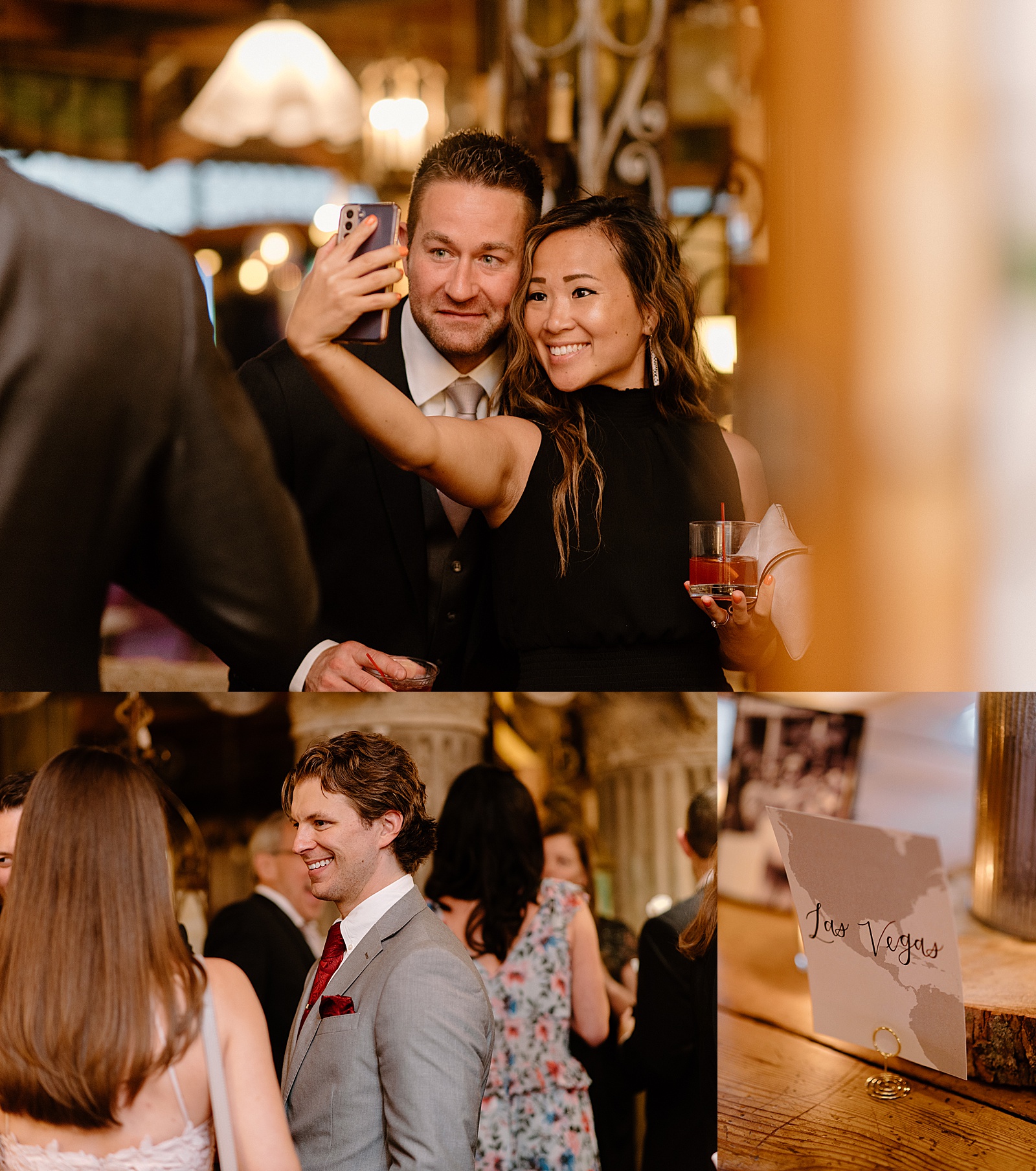 Guests enjoying a wedding reception while taking a selfie by Chicago wedding photographer, Indigo Lace. 