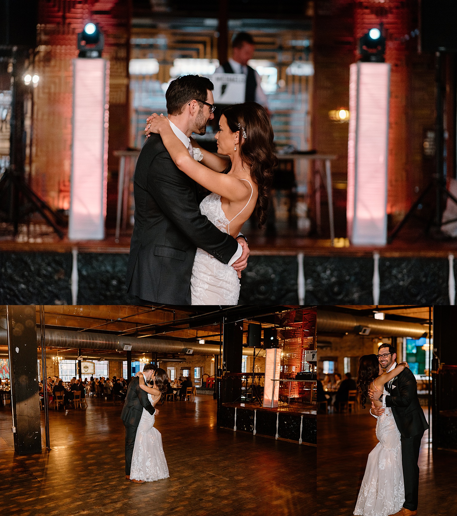 Bride and groom share a first dance at their reception at Salvage One