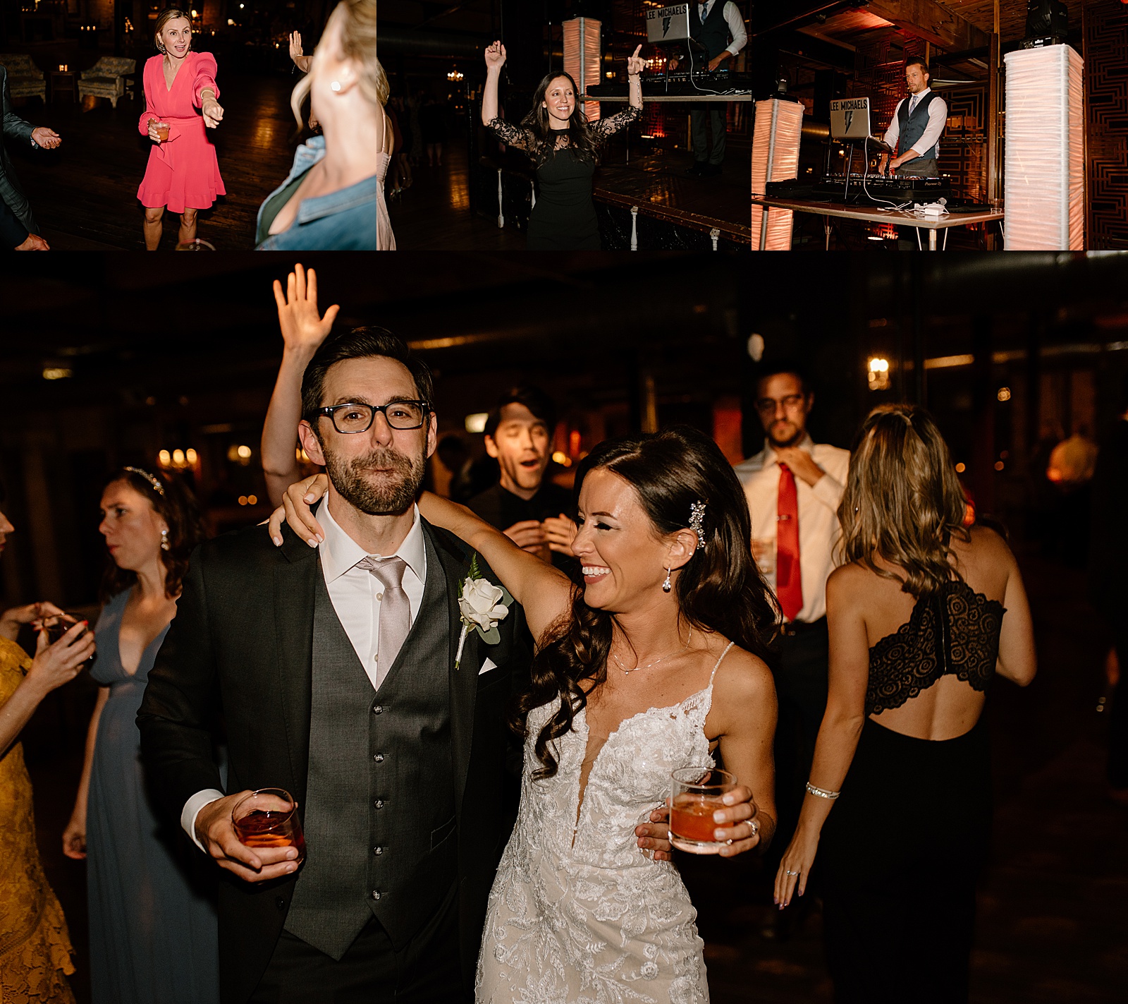 Guests dancing at a rustic wedding in Illinois by photographer Indigo Lace
