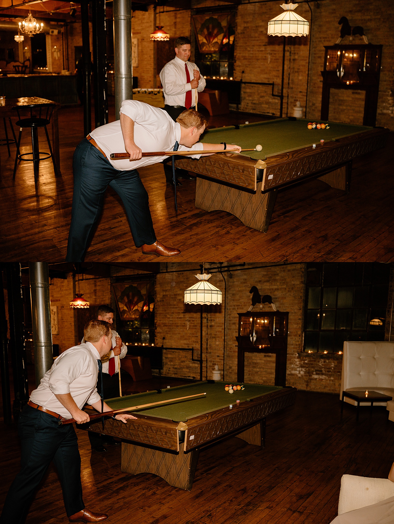 Guests shooting pool at a wedding reception at Salvage One in Illinois 