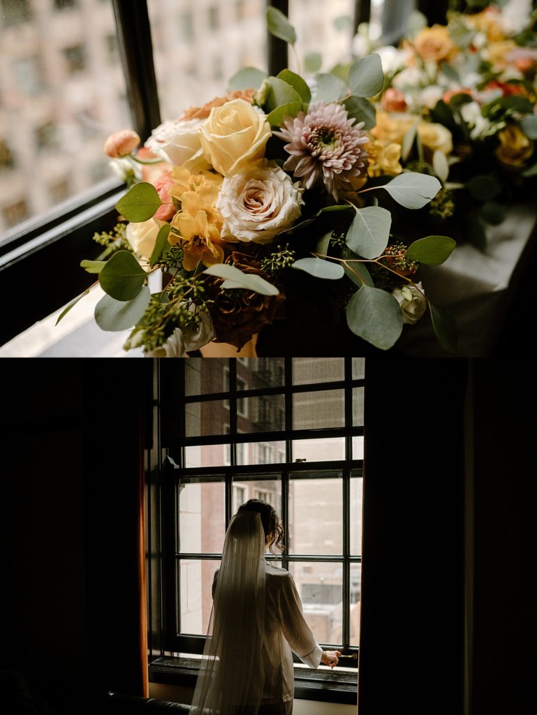 Bride looking out of a window with her veil on in a quiet moment for herself before her Midwest wedding.