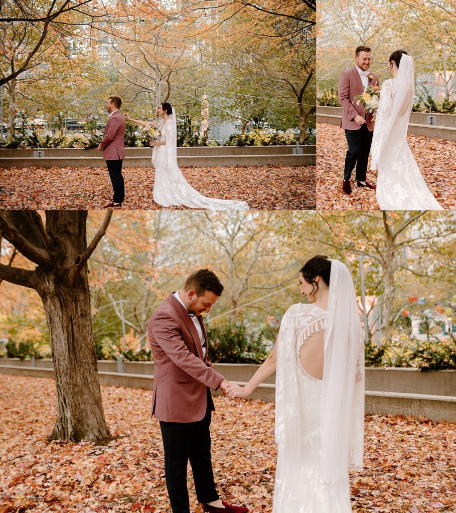 Bride approaching groom in the park during the Fall for their first look by Midwest wedding photographer, Indigo Lace.