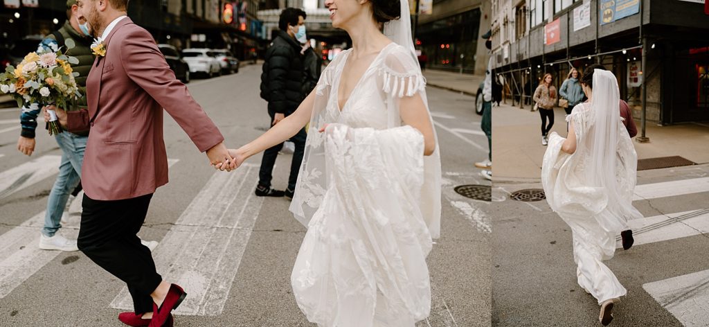 Bride and groom holding hands and walking down the street in downtown Chicago before their wedding ceremony. 