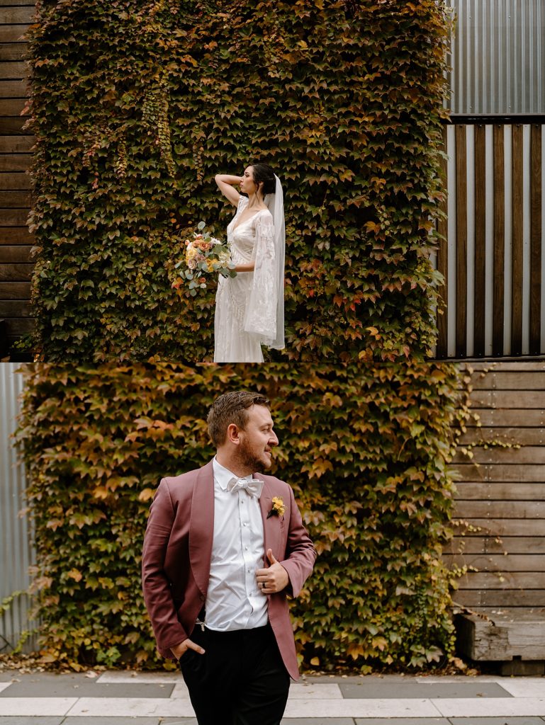 Bride and groom portraits in front of an ivy wall by Midwest wedding photographer, Indigo Lace.