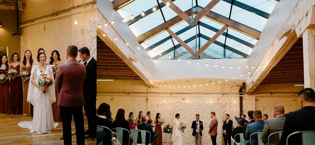 Bride looking lovingly at her groom during their wedding ceremony under a skylight ceiling. 
