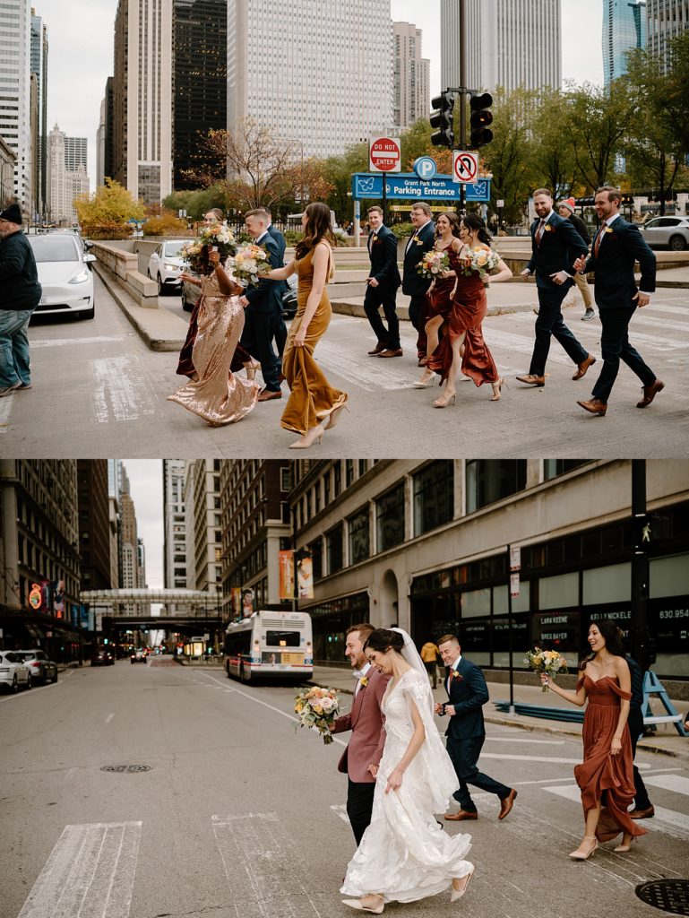 Bride and groom crossing a crosswalk in downtown Chicago with their entire wedding party around them. 