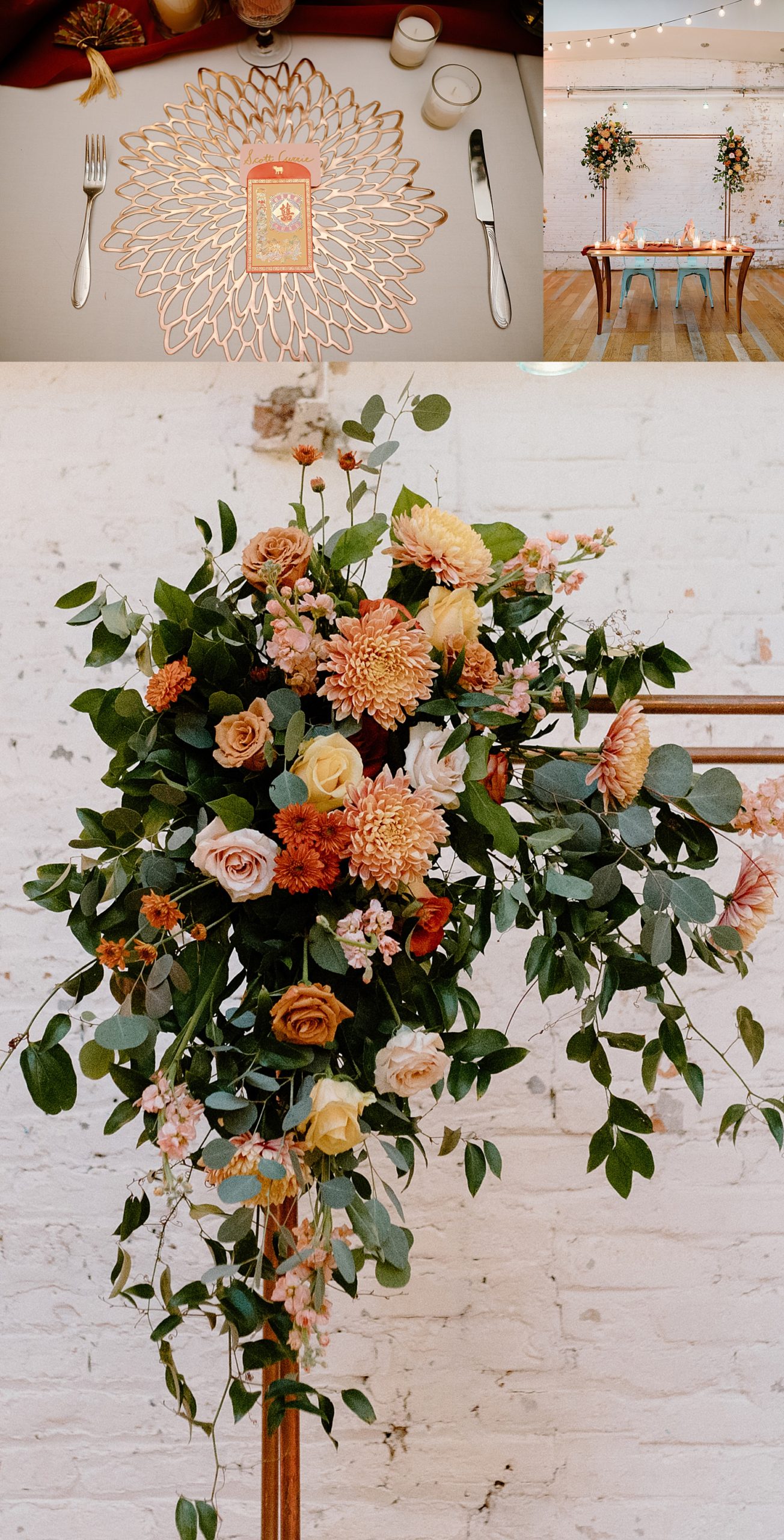 Orange, coral and peach wedding florals on an arch for a beautiful boho Fall wedding in Chicago.