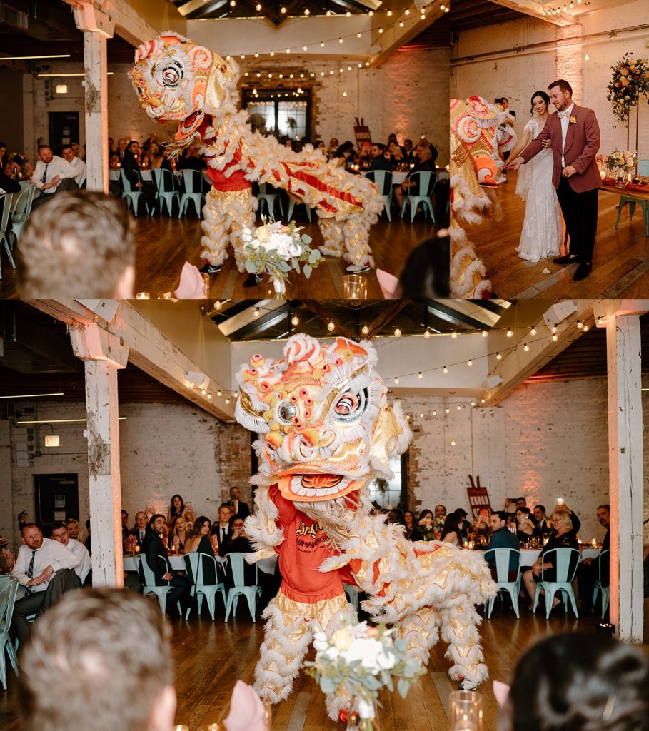 Bride and groom on the dance floor with a Chinese dragon for their wedding at The Joinery in Chicago. 
