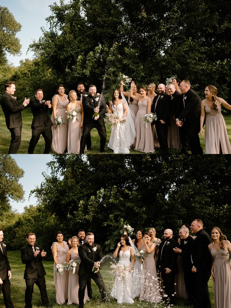 Groom popping champagne with their entire wedding party after the ceremony. 