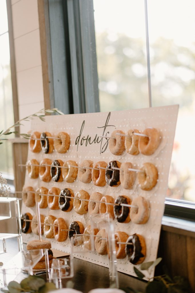 A large donut display on a pegboard at an Indiana wedding reception. 