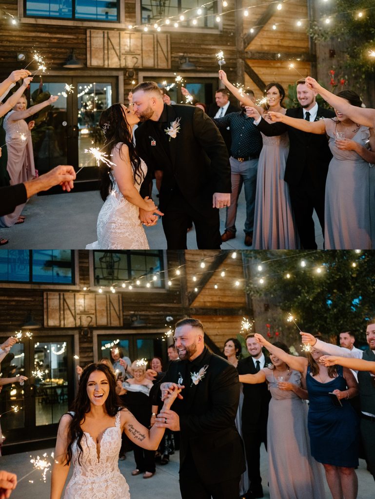 Bride and groom kiss in the middle of their sparkler exit by Fort Wayne Wedding photographer, Indigo Lace. 