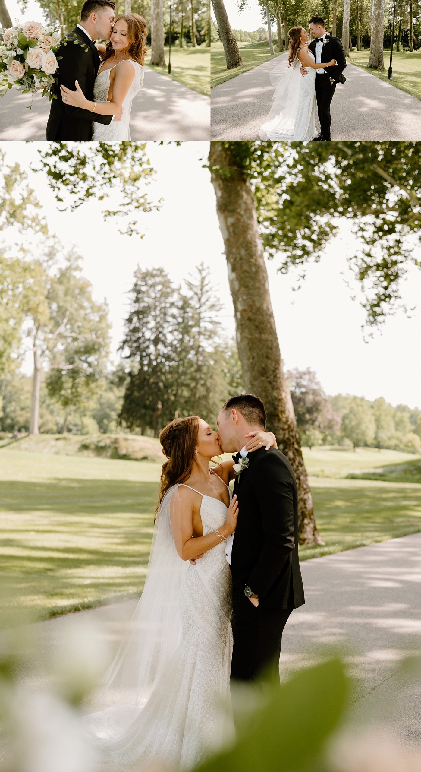 Bride and groom kissing out under the trees before their wedding with Fort Wayne photographer, Indigo Lace. 