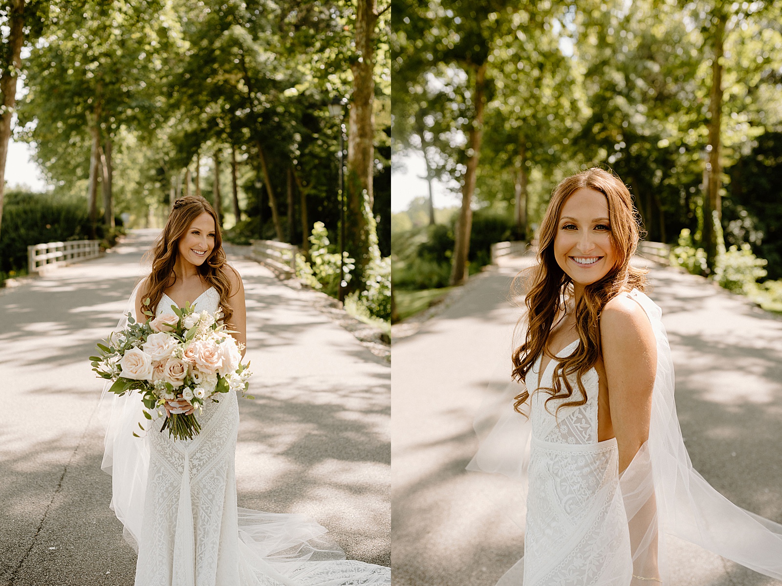 Bride with large bouquet of flowers under trees for her Sycamore Hills Summer Wedding.