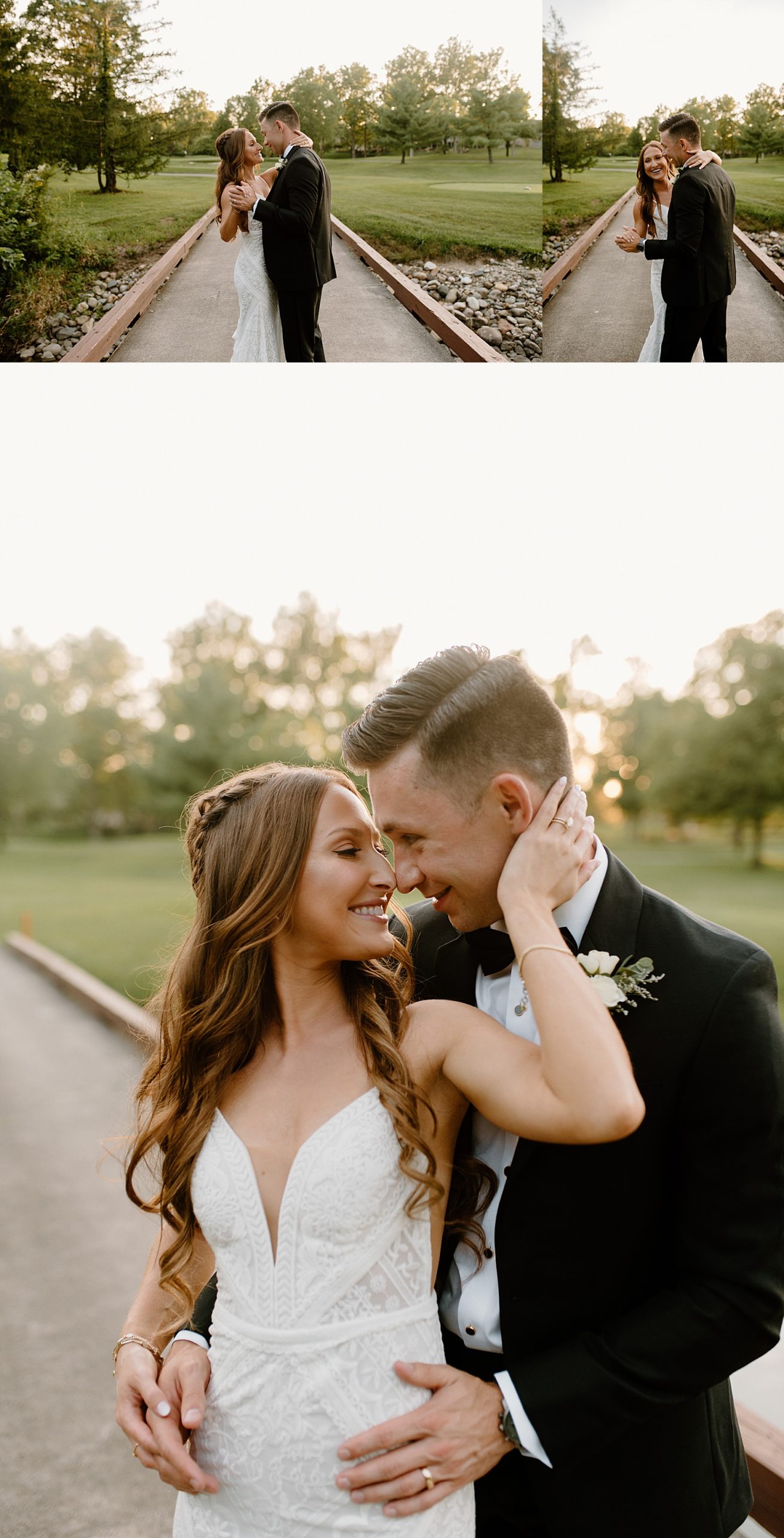 Bride and groom sharing a dance outside during golden hour by Fort Wayne photographer, Indigo Lace.