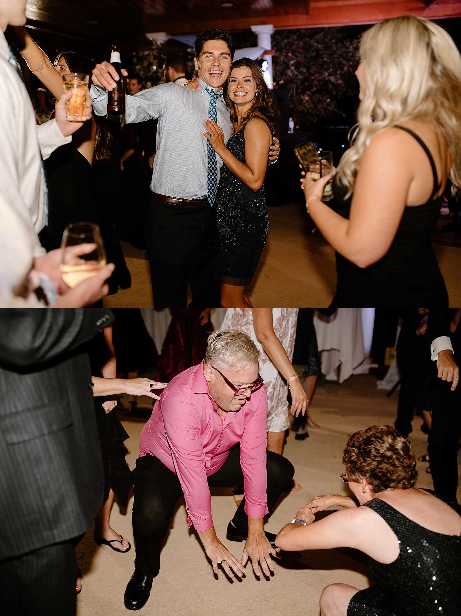 Guests dancing at a wedding reception with a live band in Indiana. 