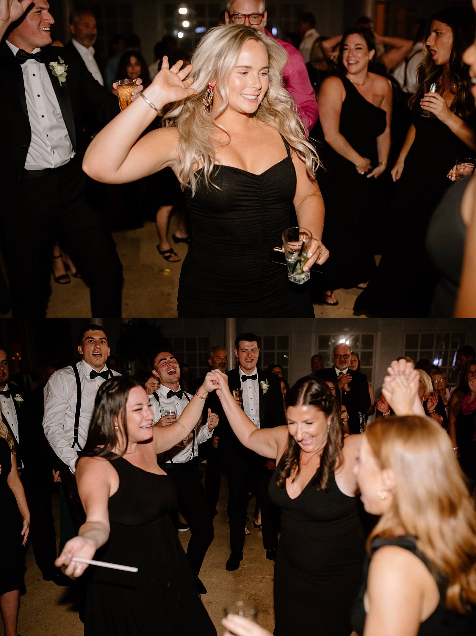 Bridesmaids dressed in black dancing on a dance floor at Indiana wedding reception. 