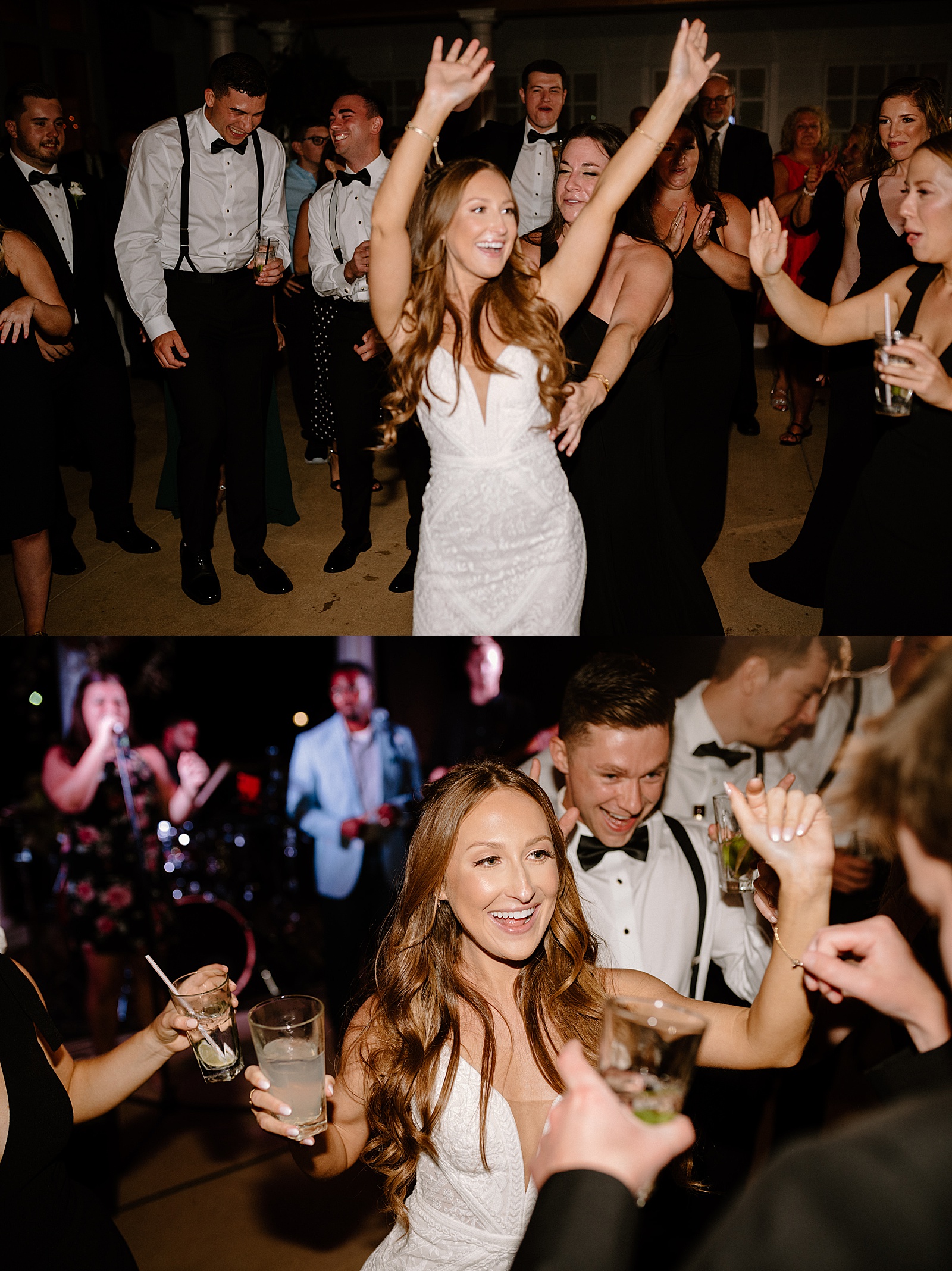 Bride and groom throwing their hands up on their dance floor celebrating with their friends & family. 