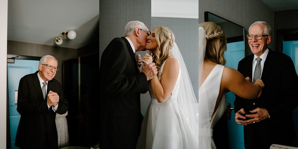 Bride doing a first look with her father before her boho wedding