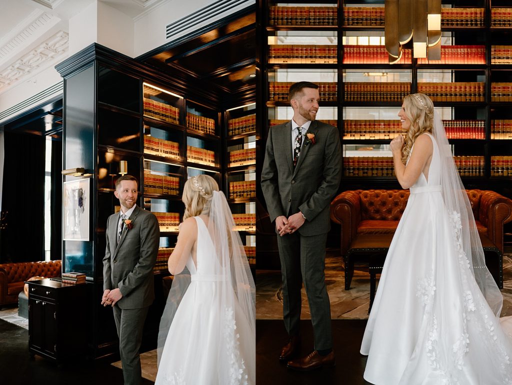 First look between bride and groom at Salvage One Chicago Spring wedding