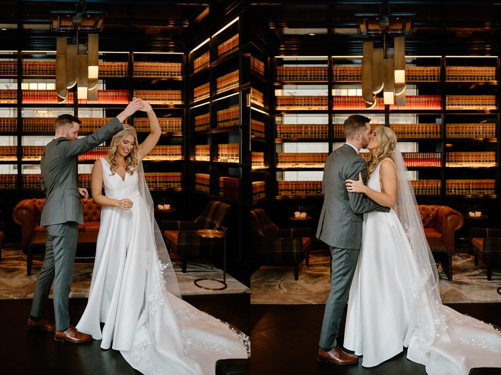 Bride and groom kiss in library at their Salvage One Chicago Spring wedding