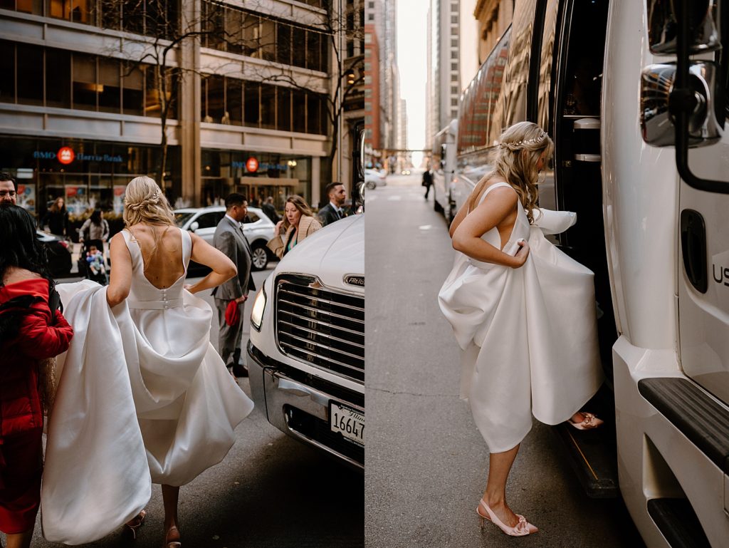 Bride entering party bus on the streets of a downtown area in Illinois 