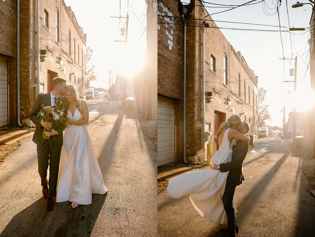 Groom spinning bride in golden hour at their Salvage One Chicago Spring wedding