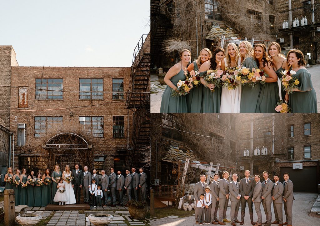 Bridal & Grooms party with green dresses and gray suits with beautiful florals