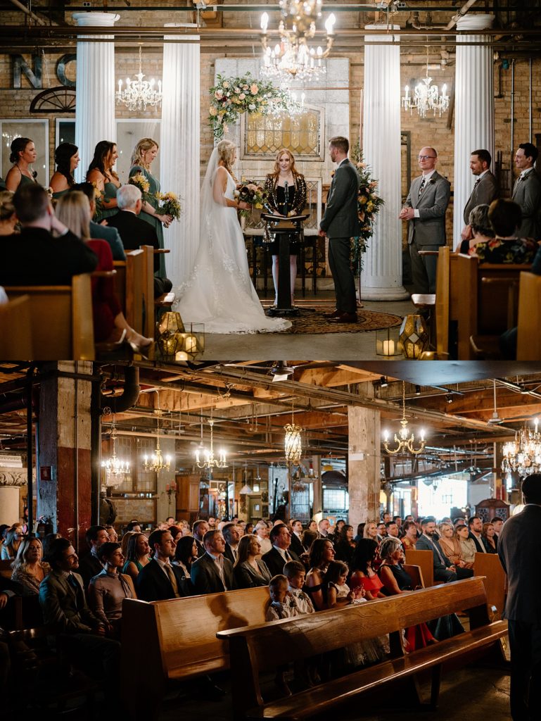 Bride and groom exchanges vows at their Salvage One Chicago Spring wedding