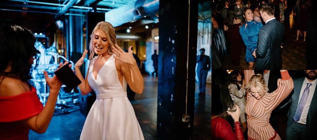 Bride dancing to live music at her wedding reception at her Salvage One Chicago Spring wedding
