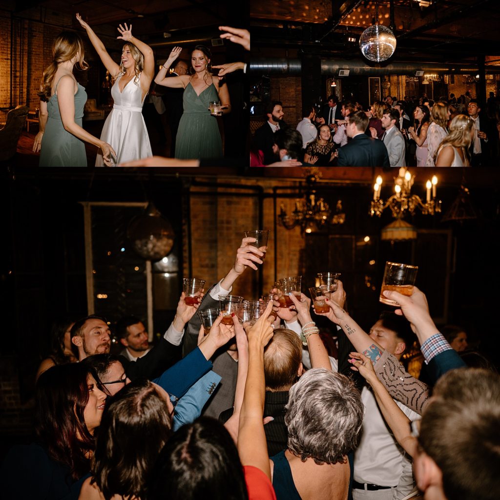 Guests doing a cheers at boho reception in Illinois 