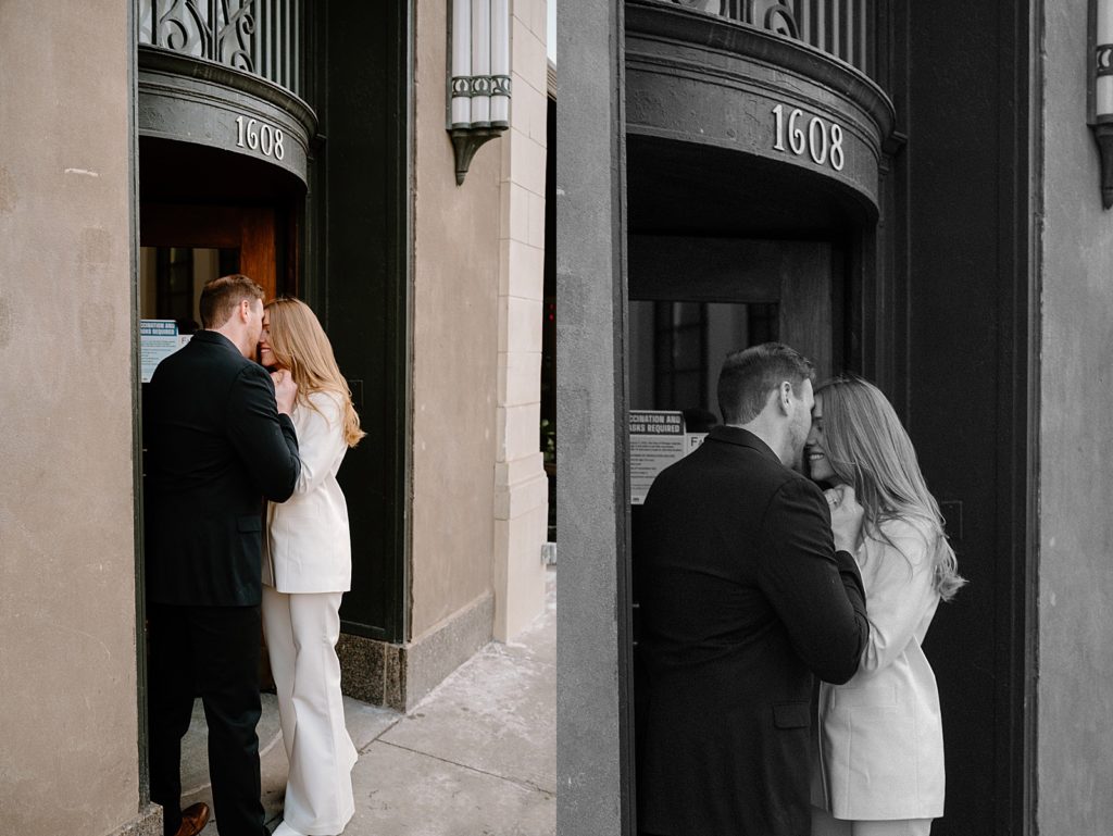 Woman in white suit snuggling man in doorway for Bucktown Engagement Session