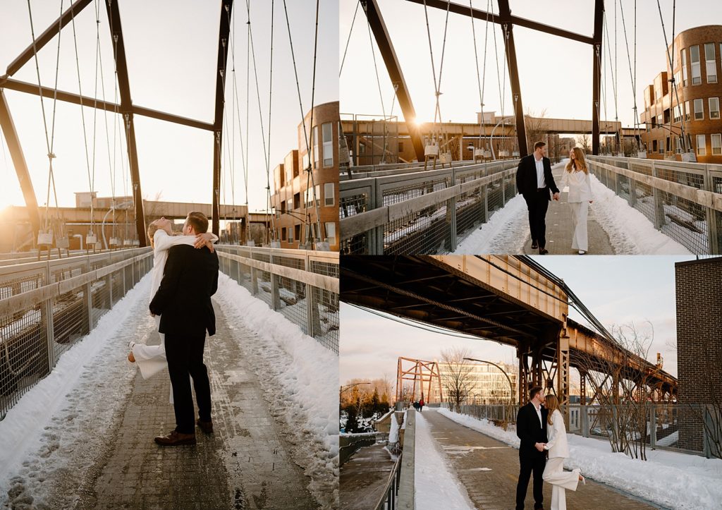 Couple in suits spinning on a bridge in the snow by Chicago wedding photographer Indigo Lace