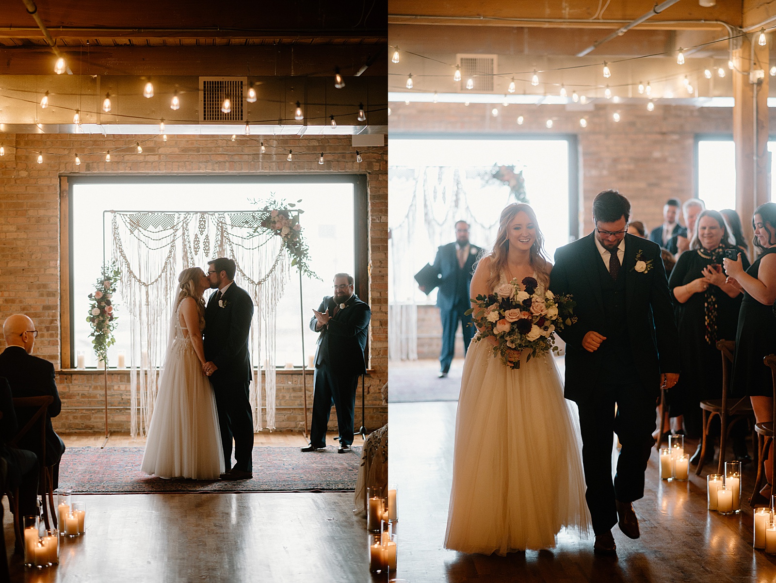 Bride and groom walking down the aisle smiling by Midwest wedding photographer Indigo Lace
