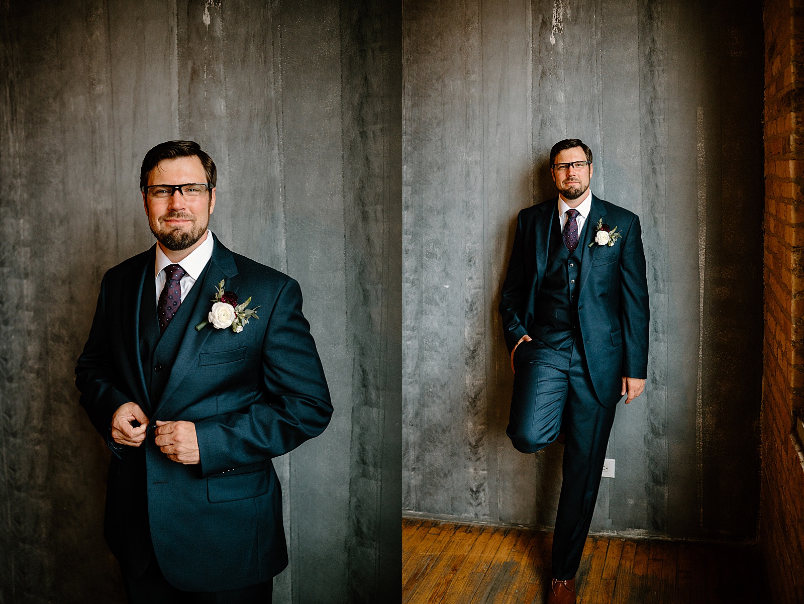 Groom against an industrial background by Midwest wedding photographer Indigo Lace